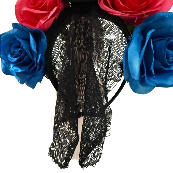 Day of the Dead green glitter skull headband with red & blue roses & black veil - Picture 4 of 7